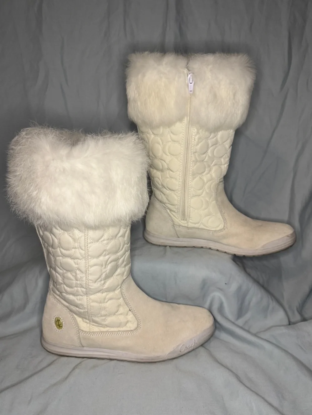 Coach Talen Quilted Winter Boots Fur Trim Ivory Size 7